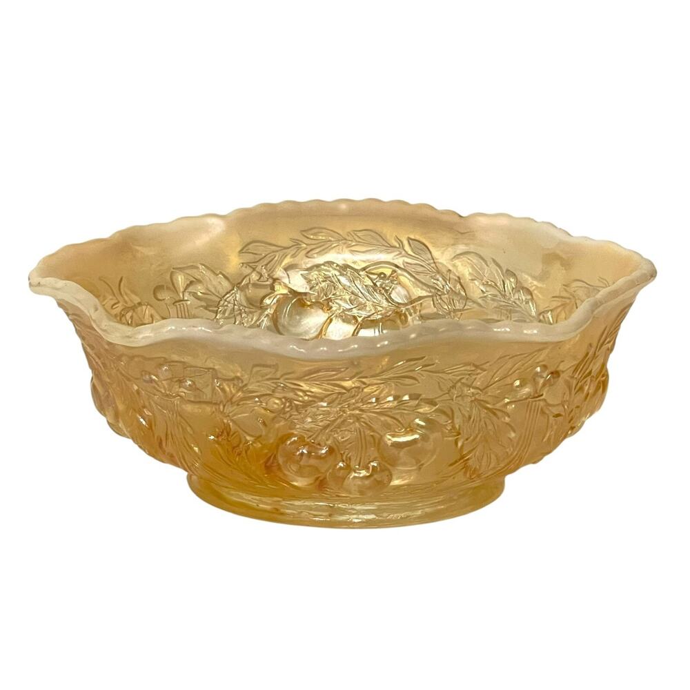 Gold Glass Candy Dish Oval Scallop Edge Iridescent Marigold Bowl